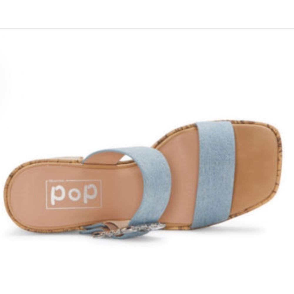 NWT-pop-9M-Sharice light blue-soft denim, gemstone buckle, Cork heeled sandals. - Picture 4 of 7